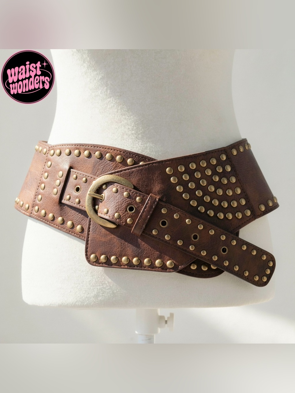 Brown faux leather studded belt with gold tone hardware